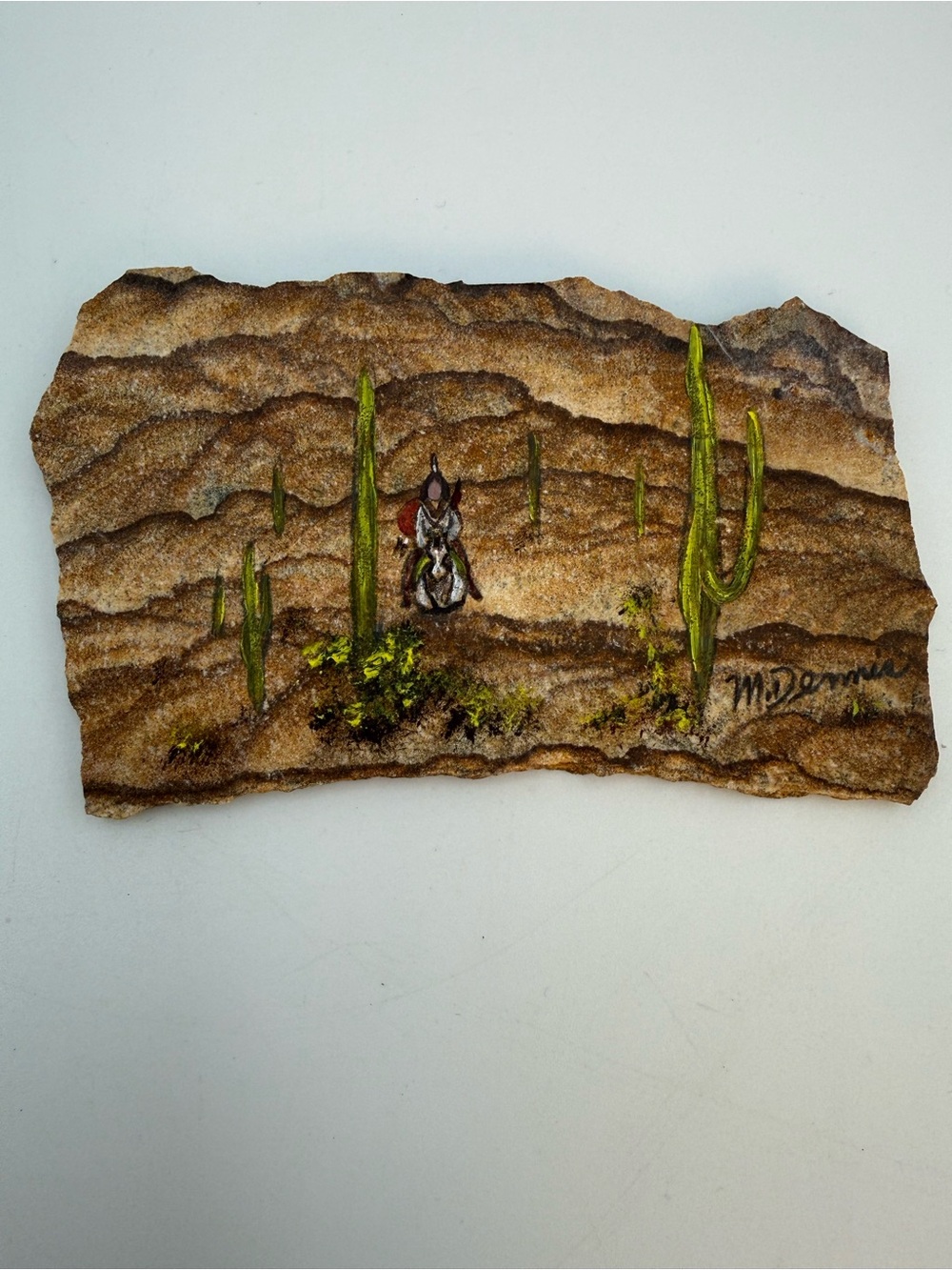 Hand Painted Sand Jasper Signed M. Dennis (Cherokee Indian) Warrior 5x3